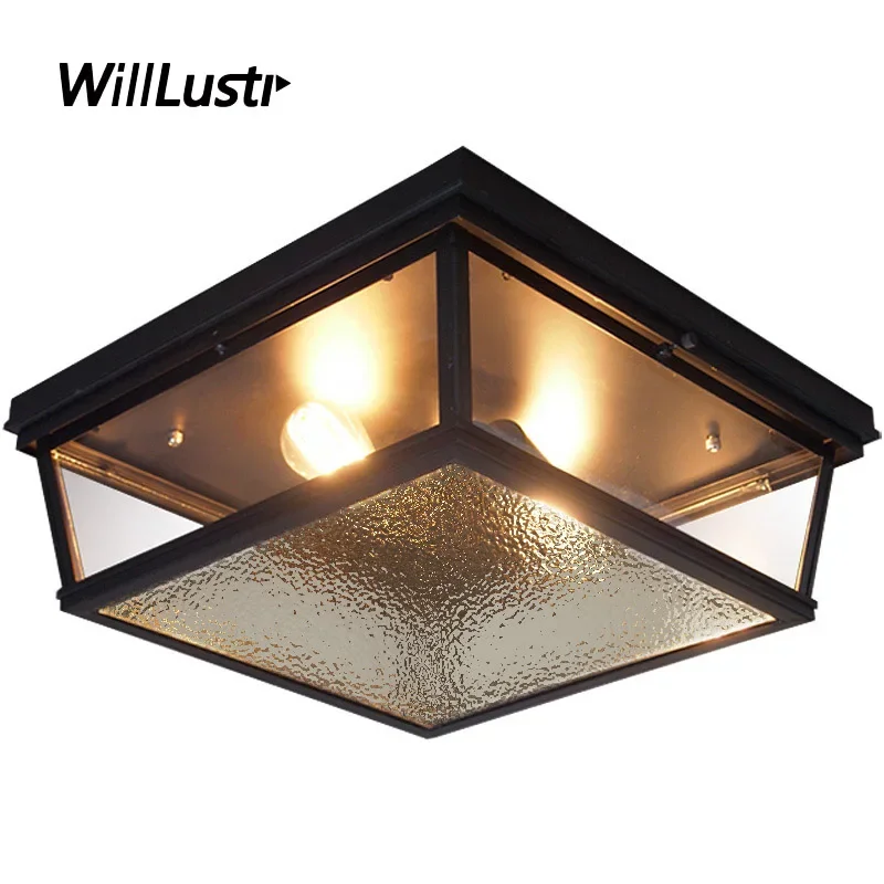 Glass Box Ceiling Lamp Retro Square Iron Light Hotel Bar Aisle Porch Kitchen Balcony Study Cloakroom American Country Lighting