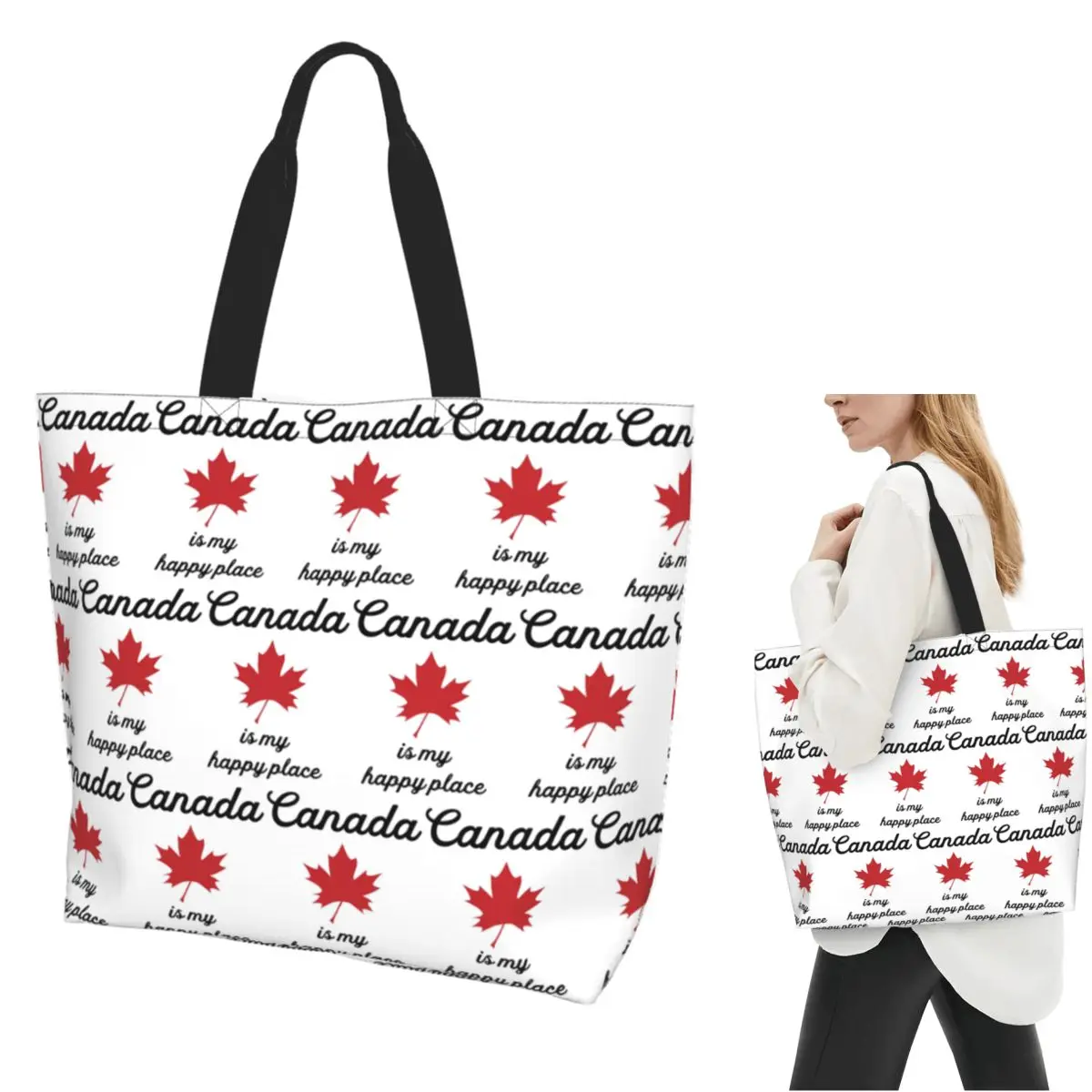 Maple Leaf Canada Canadian Is My Happy Place Shopping Tote Bag Canvas Large Capacity Shoulder Bags Shopper Grocery Handbag