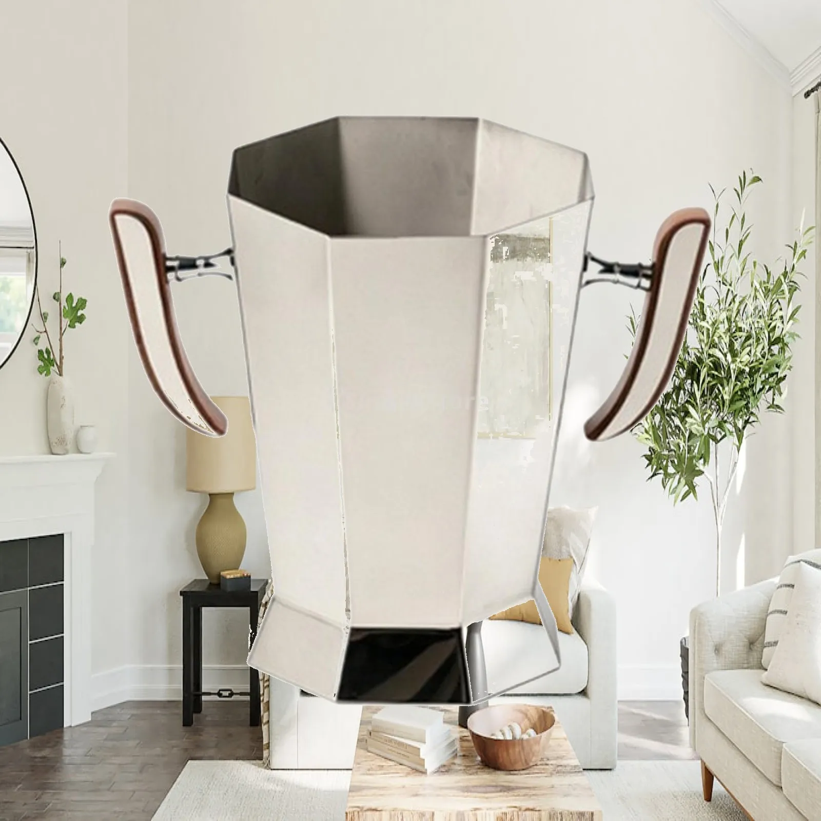 Faceted Stainless Steel Teapot Geometric Kettle with Wood-Look Handles Sleek for Tabletop Entertaining, Contemporary Kitchens,