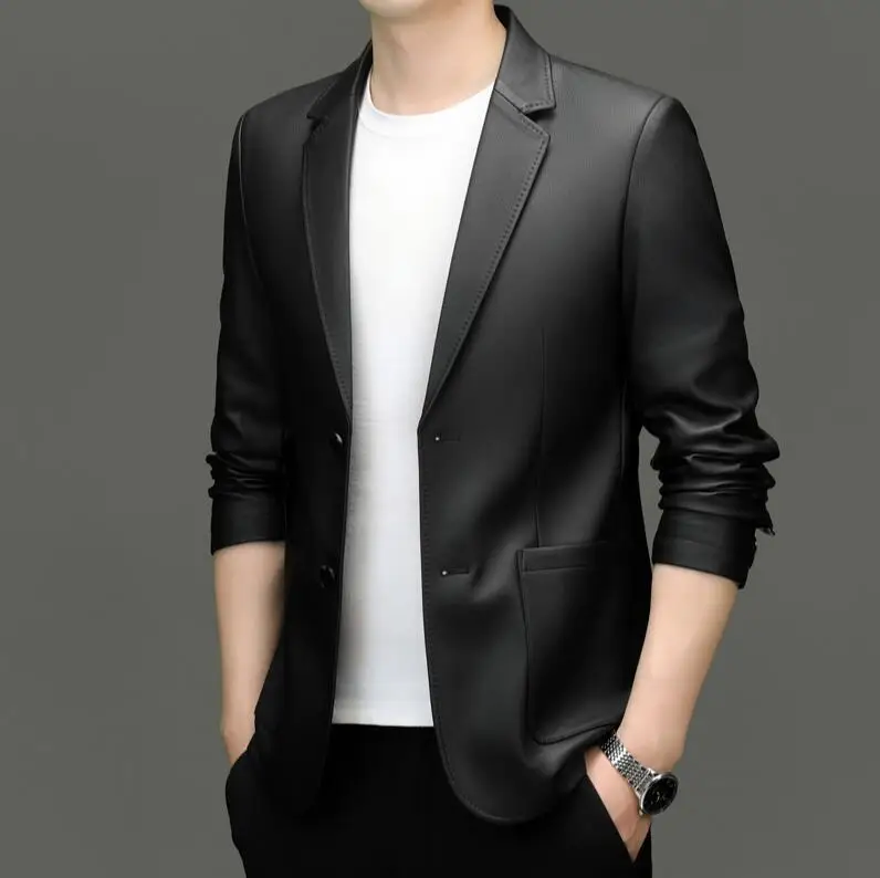 8557 Sheep Leather Casual Suit Men\'s Jacket Slim Spring and Autumn Thin Section Black Brown