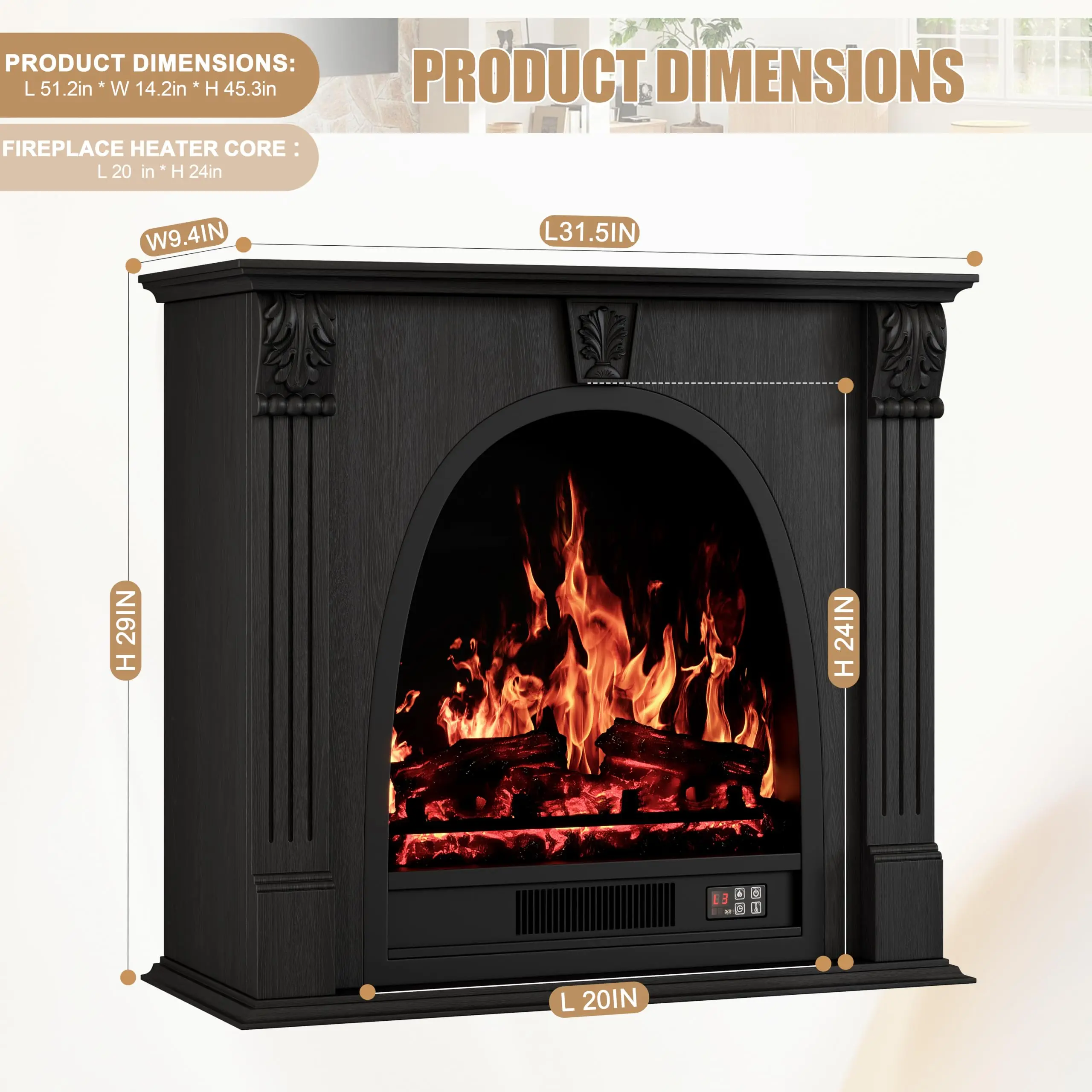 Electric Fireplace with Mantel, Black Egg-Shaped Fireplace TV Stand