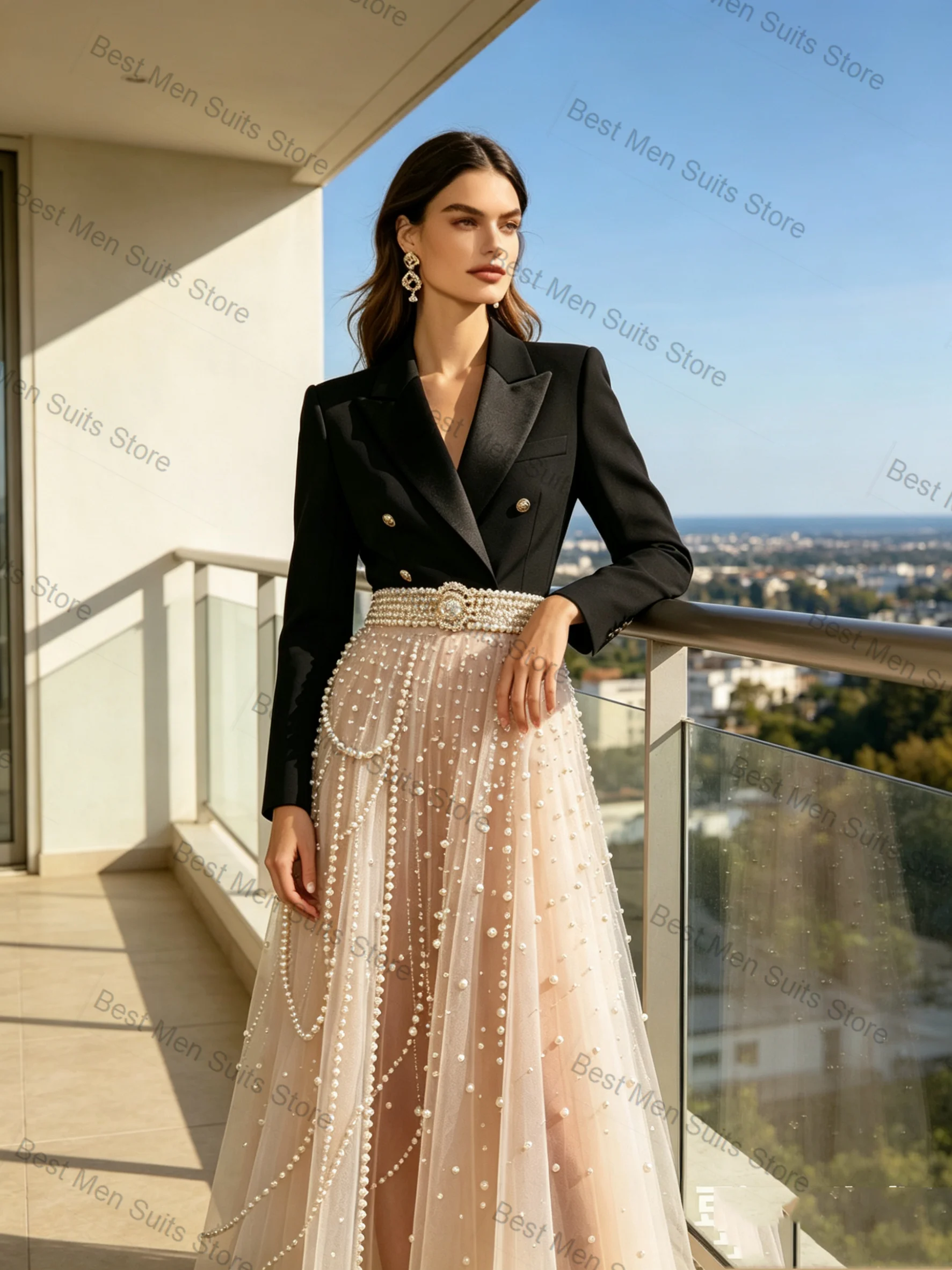 

Crystals Pearls Women Suit Skirt Set 2 Pcs Blazer Prom Dress Belted Formal Office Jacket Customized Wedding Tuxedo Guest Coat