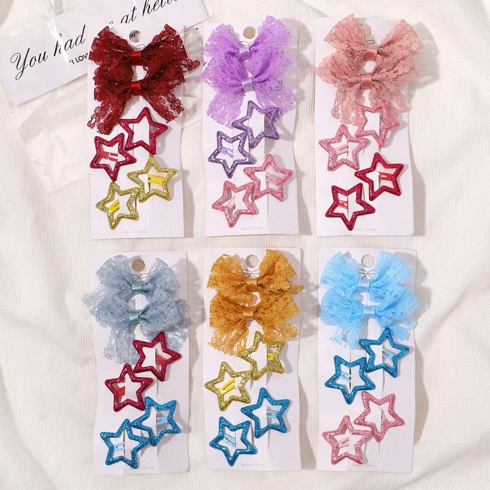 6pcs/set Children Lovely Hair Clips Set Lace Bow Barrettes Y2k Five Star BB Clips for Hair Bangs Hairgripes Girls Headwear Set