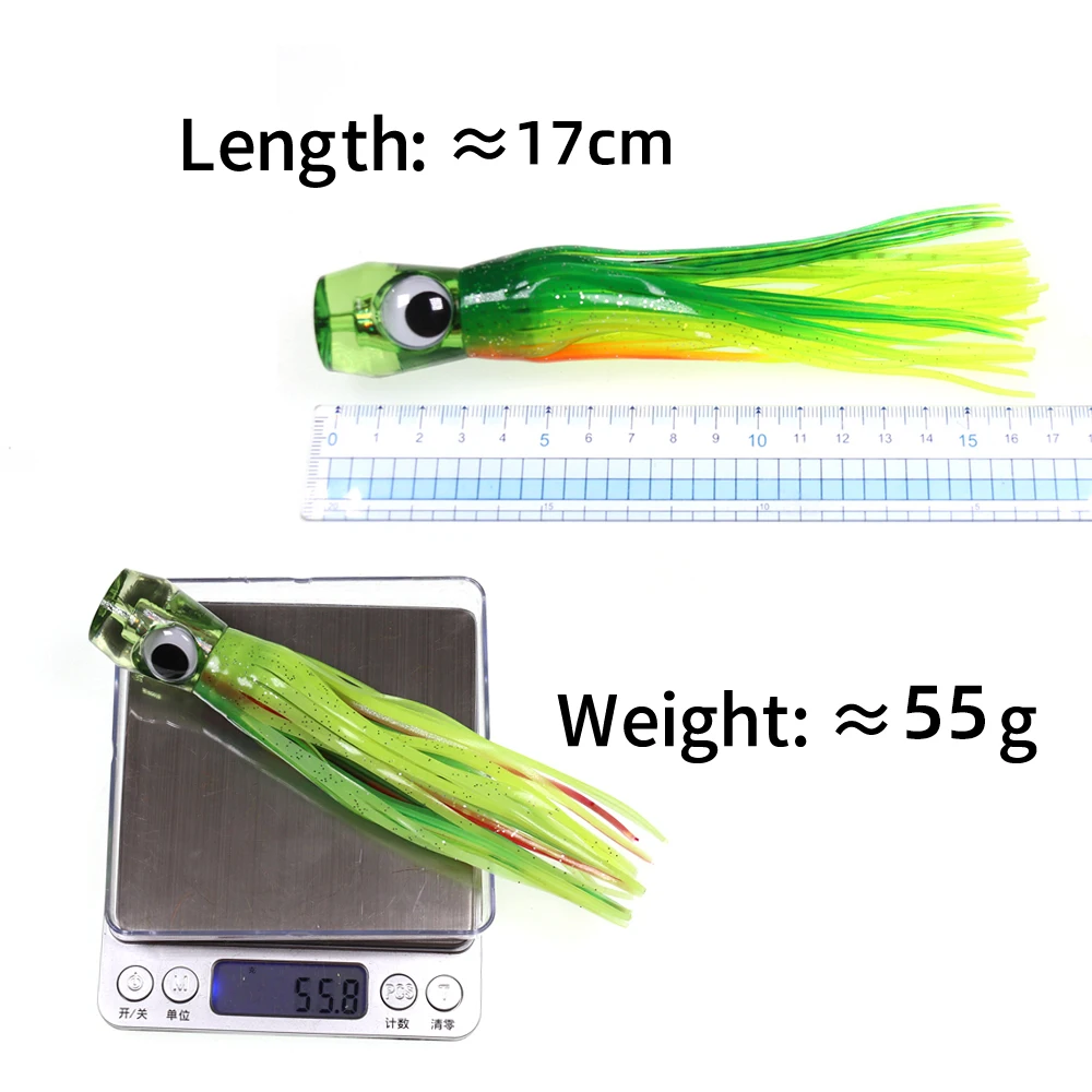 DNDYUJU 1PCS Sea Fishing Lure 55g/17CM Boat Fishing Troll Bait Acrylic Resin Octopus Bionic Squid Fishing Bait Feather Skirt