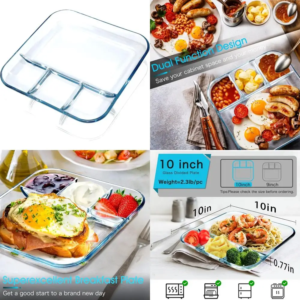 

glass divided plate with 4 compartments, 1 piece, 10inch divided dinner plates breakfast plate with dividers divided dish