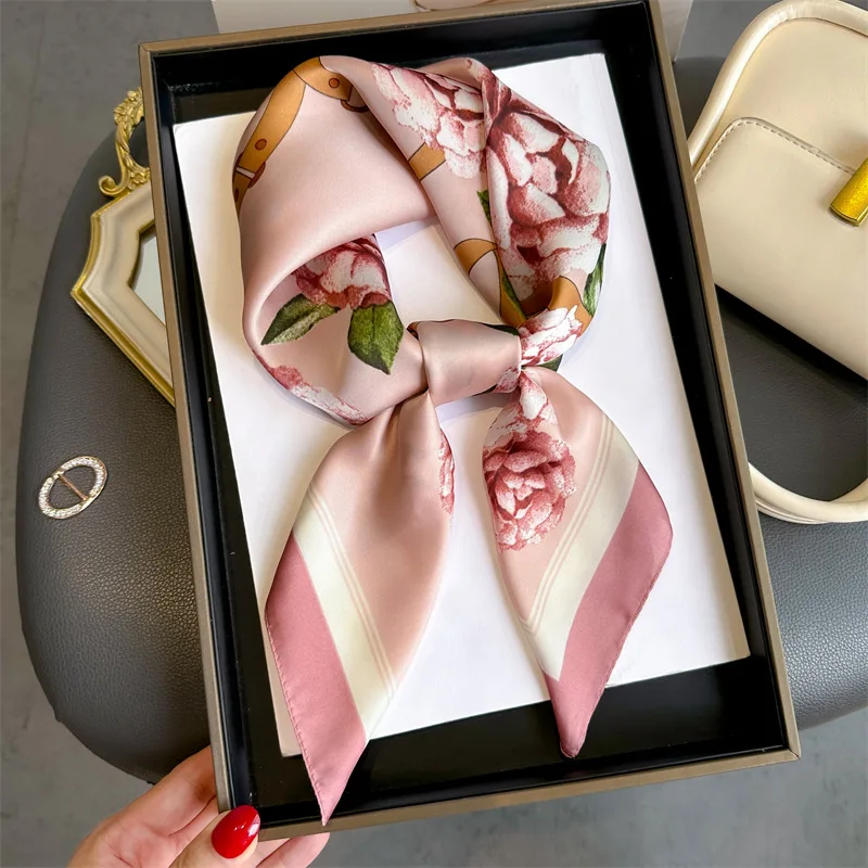 Luxury Designer Pink Rose Print Scarf Women Silk Scarves Bandana Hijab Neckerchief Shawl Kerchief Hair Band Foulard Summer