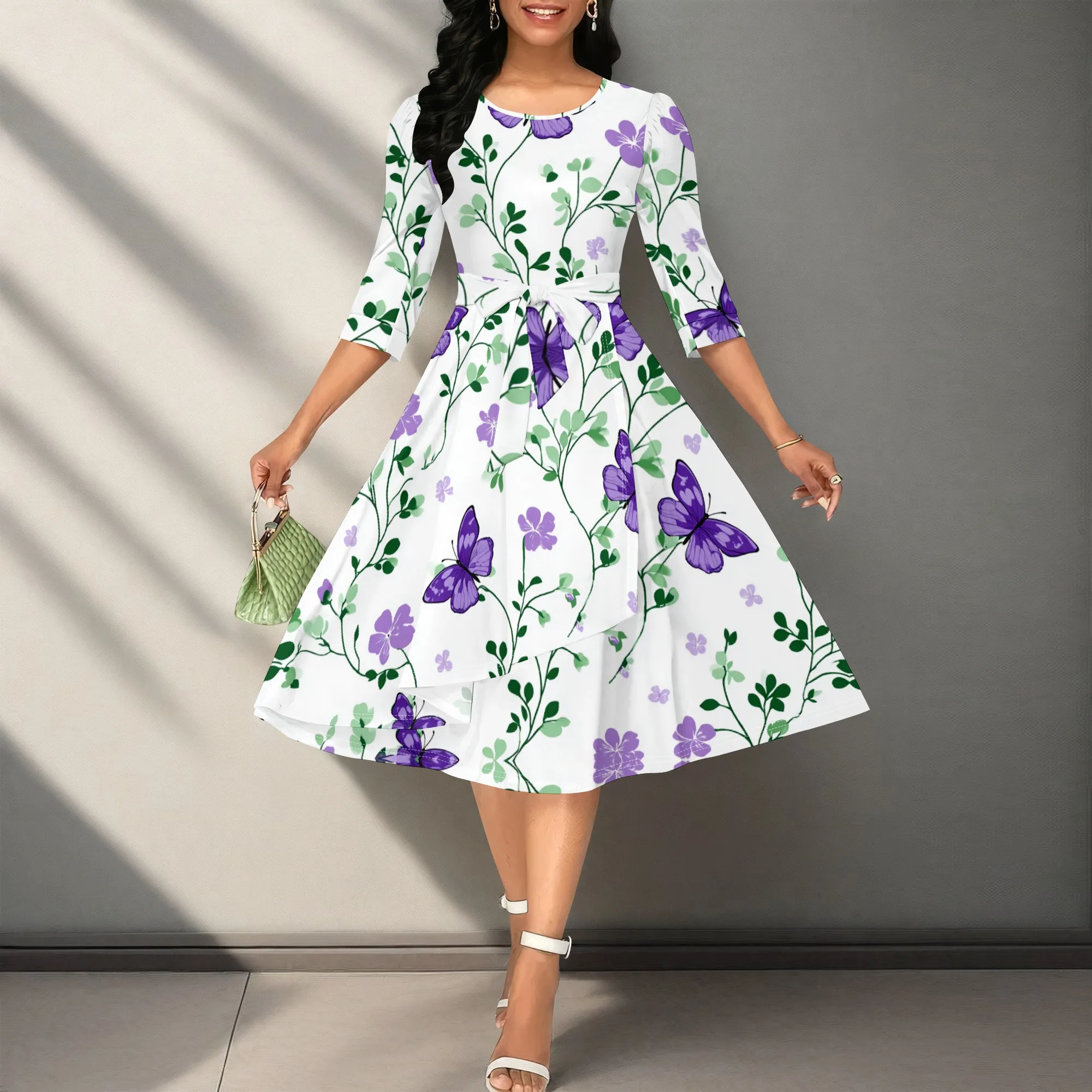 

Women's Butterfly Print Midi Dress XS-3XL Elegant Tie Waist A-Line 3/4 Sleeve Dress for Garden Party & Easter 2025