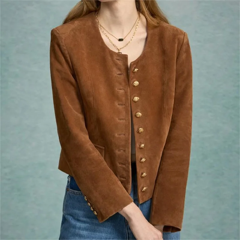 Echt leder kurze Jacke Frauen Frühling Schaffell O-Ausschnitt Metall knöpfe Langarm Top Kind Wildleder schlank kurz Casaco Feminino