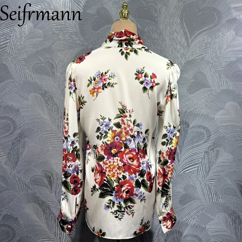 Seifrmann 2026 summer women's clothing new fashionable frenulum collar long sleeved silk printed top