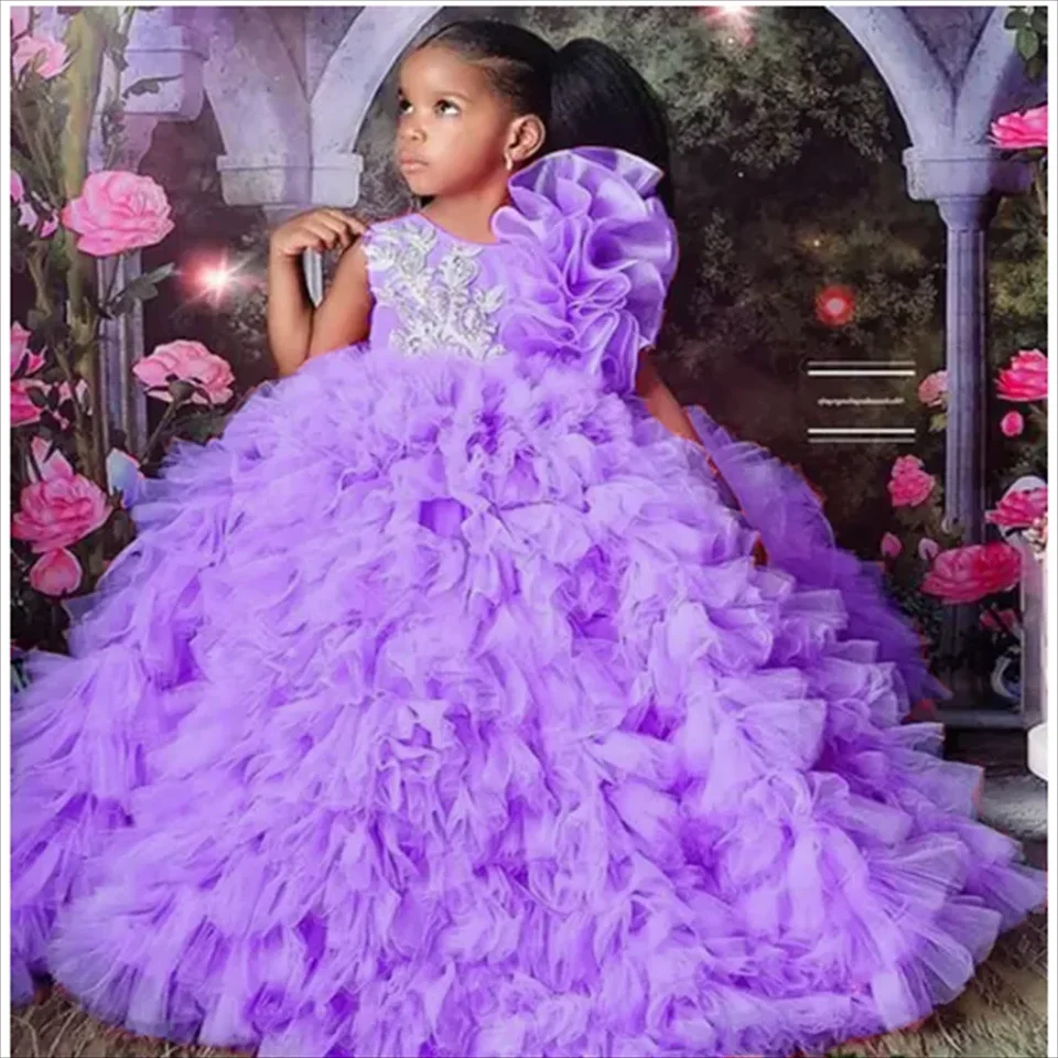 Layered Ruffle Ball Gown Flower Girl Dresses with Rhinestone