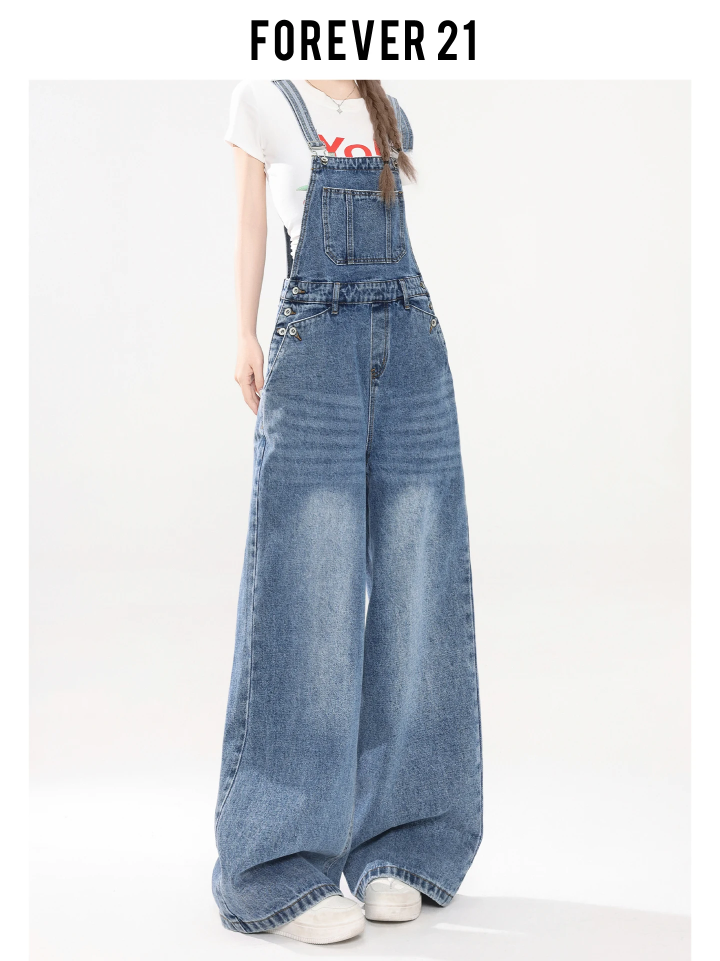Overol vaquero vintage azul de pierna ancha Forever 21 para mujer, estilo americano holgado de verano, pantalón de talle alto...