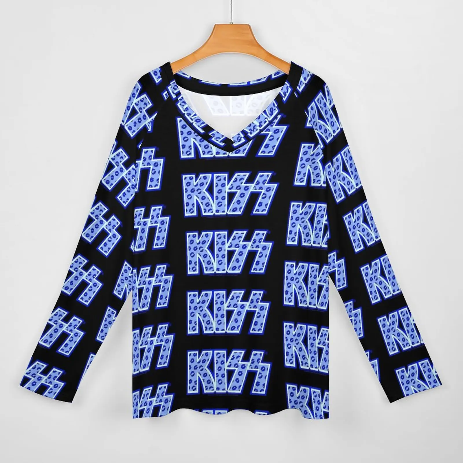 Kiss Band T-Shirts Blue Lips Logo Vintage T Shirt Woman Long Sleeve Streetwear Tops Oversized V Neck Graphic Tees