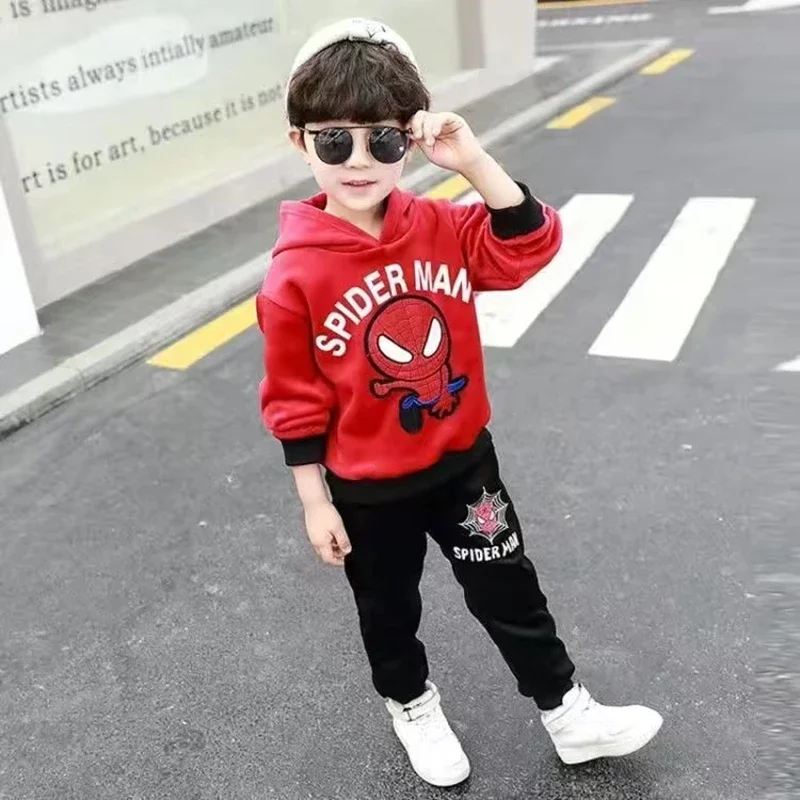 Children Clothing Set Winter Mickey Spiderman Kids Girl Outfit Boy Outwear Hooded Coat Pants 2PCS Toddler Warm Thick Tracksuit