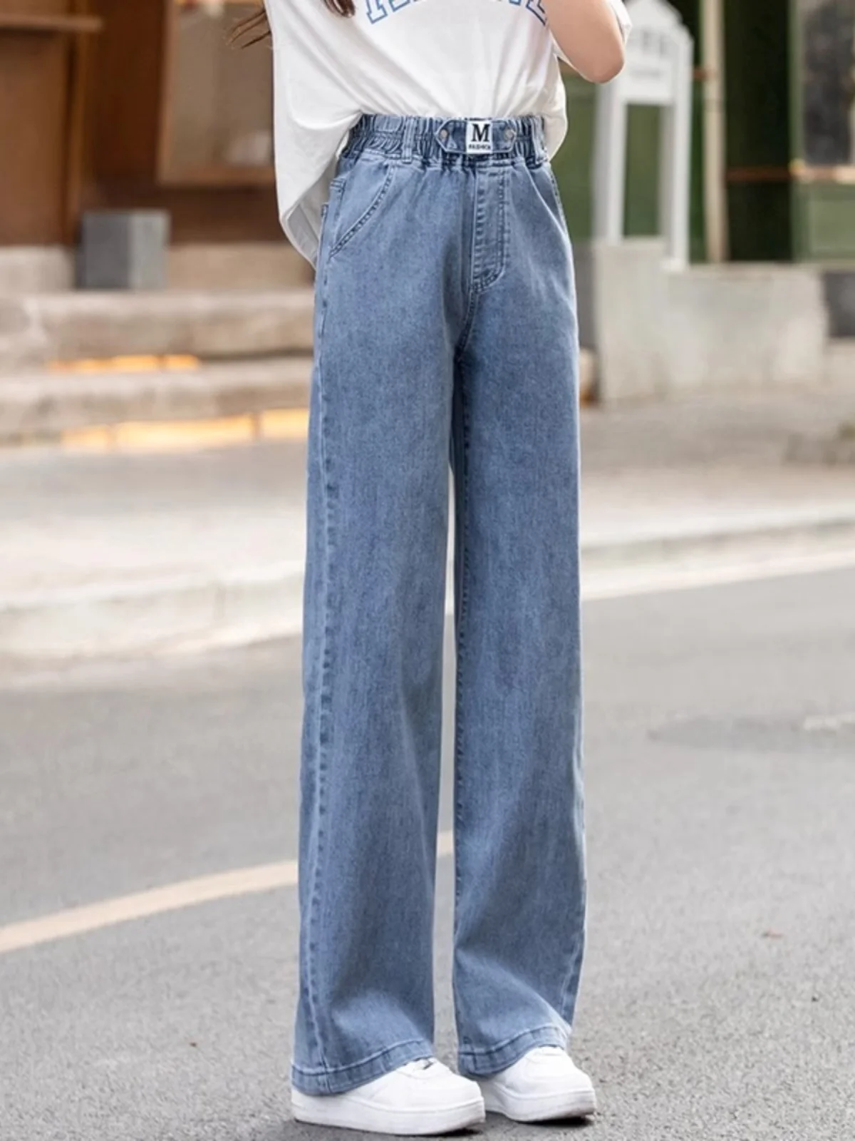 

Прямые джинсы для девочек с эластичной резинкой на талии, повседневные широкие брюки для школьников средней школы, весна-осень, светло-голубые