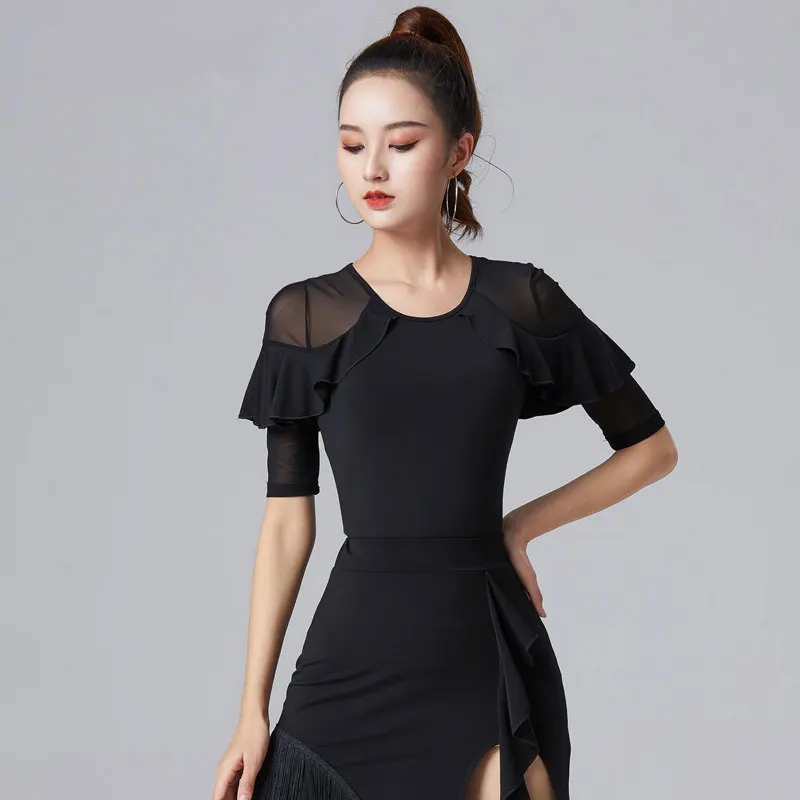 Black Latin Dance half-sleeve Shirt Sexy Mesh Tops Women Professional Practice Clothes Female Ballroom Modern Dance Costumes