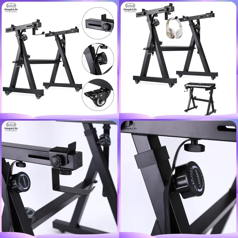 Z Shape Electronic Keyboard Stand Adjustable Piano Bench with Wheels Universal Music Instrument Holder for 54 61 88 Keys Home