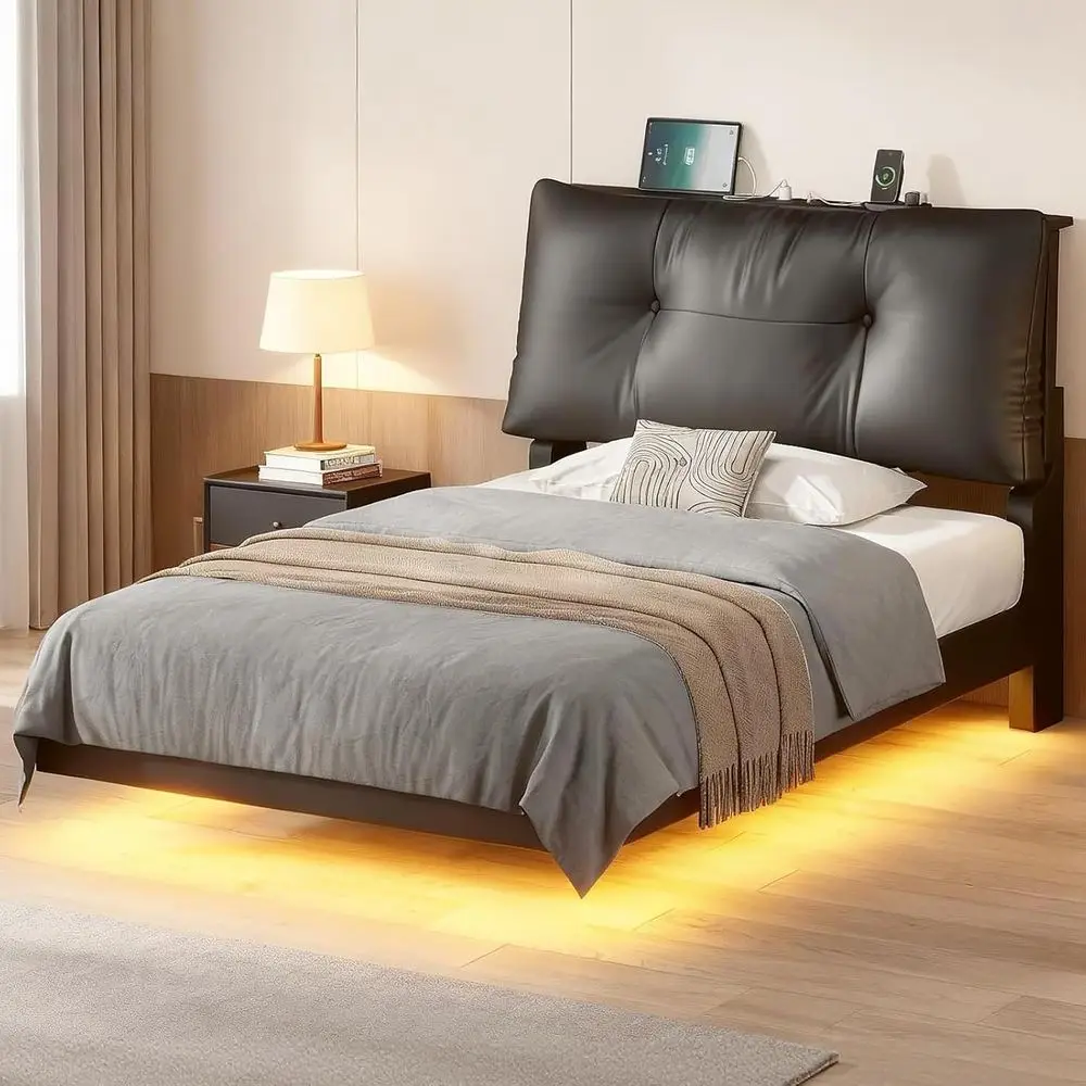 Cama Flutuante Estofada Tamanho Twin com Encosto Removível e Espesso, Estação de Carregamento e Luzes LED, Não Necessita de Box Spring, Preta
