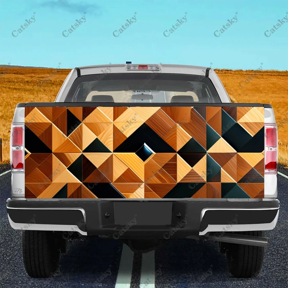 Natural Wooden Geometric Pattern Truck Tailgate Wrap Professional Grade Material Universal Fit for Full Size Trucks Weatherproof