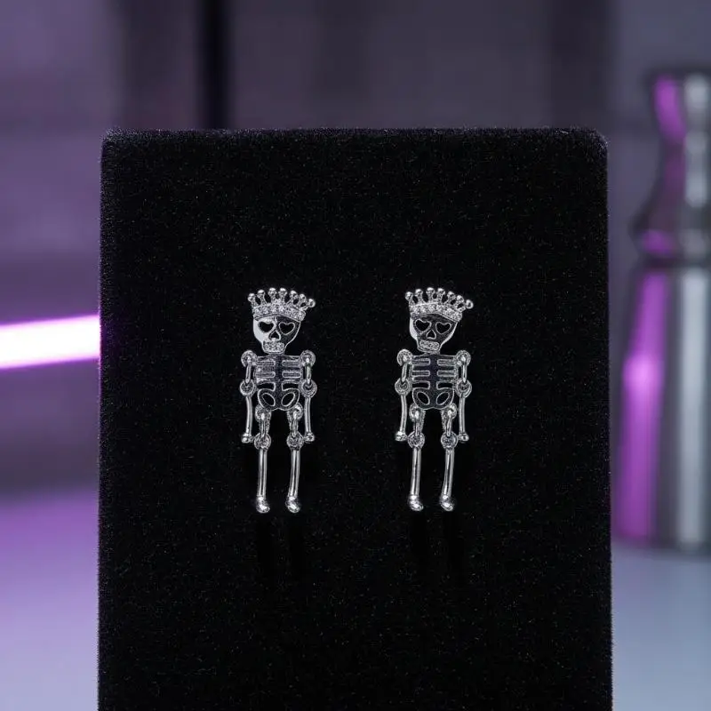 Halloween Spooky Skeleton Drop Earrings 2Pcs Luxury Rhinestone Gothic Jewelry for Women Holiday Gift Party Accessories