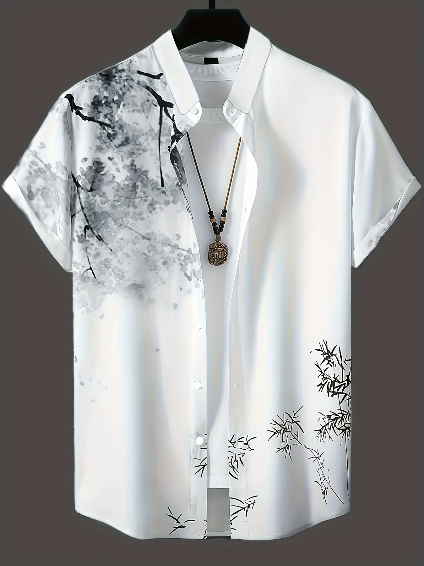 Men's casual short-sleeved art floral print shirt in white with contrasting color design, made of breathable fabric t shirts