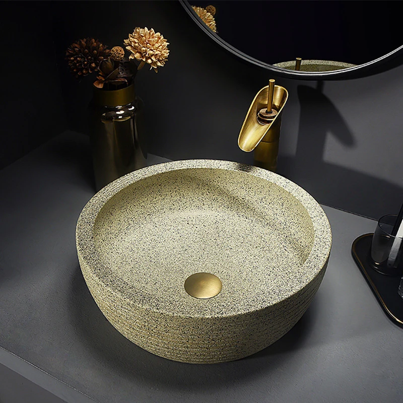 Ceramic Washbasin Bathroom Sinks Countertop Household Hotel Granite Color Retro Bowl Balcony Vessel Art Basin With Faucet Sets