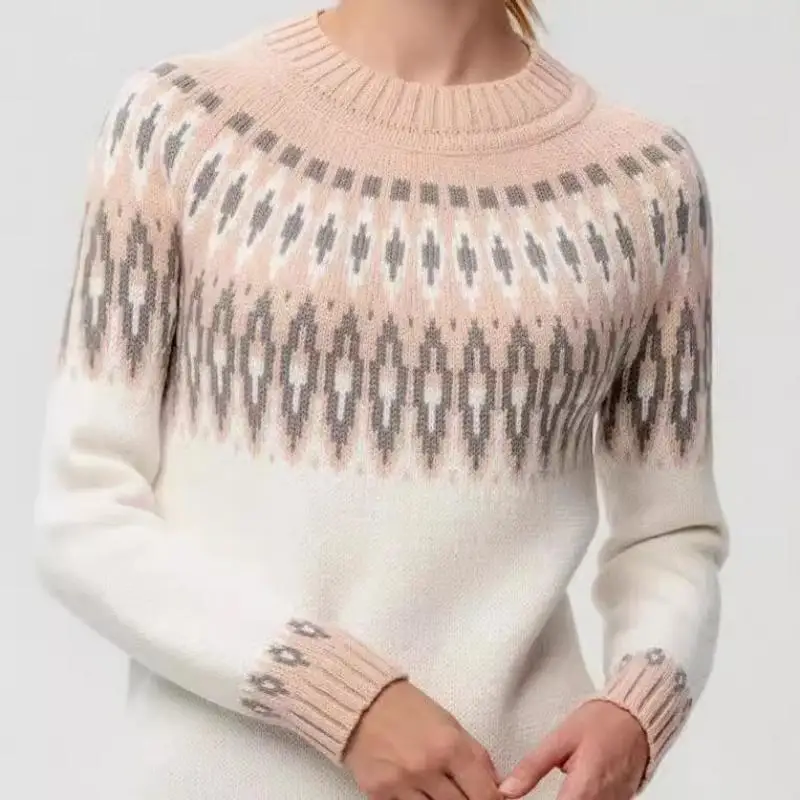 Fair Isle Sweater Round Neck Color-Block Loose Fashion Pullover Knitted Sweater For 2024  Winter Wear Clothing