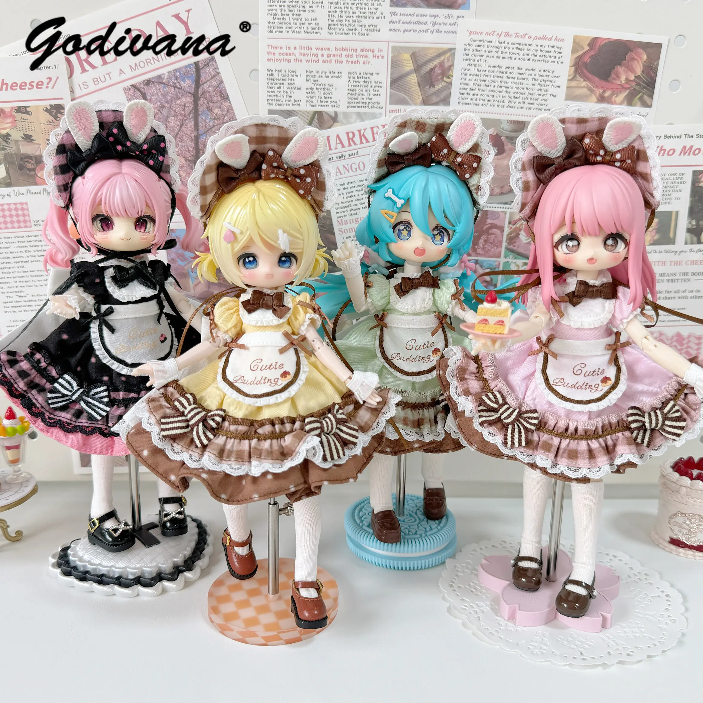 1/12 1/8 BJD Doll Clothes Sweet Cute Puff Sleeve Bow Lace Ruffle Trim Lolita Embroidery Maid Dress Can Be Worn Bust Within 7cm