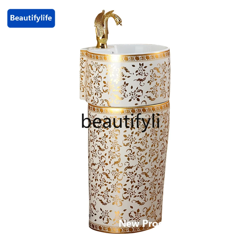 

Golden bathroom wash basin Color gold wash basin High-grade round column basin One-piece