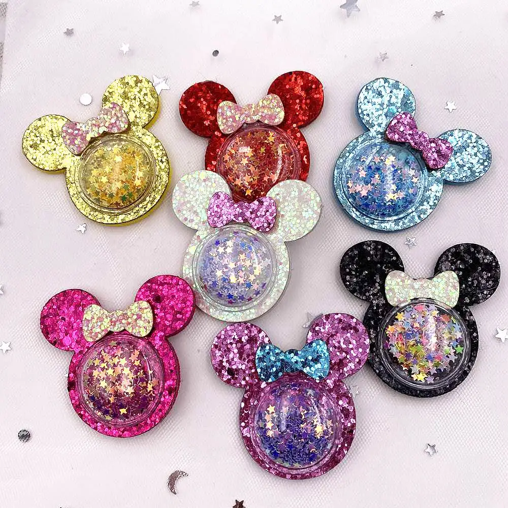 6szt Filcowa tkanina Kolorowy brokat Bepowder Shake Sequins Mouse Patch Applique Sewing DIY Hair Bow Craft Handmade Supplies