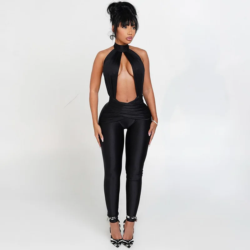 STYLISZE DAMSKIE Kombinezony z Odkrytymi Plecami 2025 Jesień Damskie Kombinezony typu Halter Bez Rękawów Obcisłe Jednolite Kolory Seksowne Kombinezony na Imprezę i do Klubu