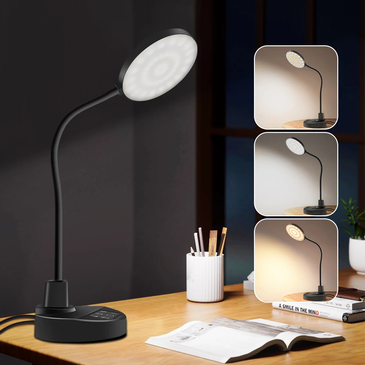 

LED Desk Lamp for Home Office USB Charging Port Dimmable Table Lamp With 3 Lighting Modes Eye Protection Learning Reading Lamp
