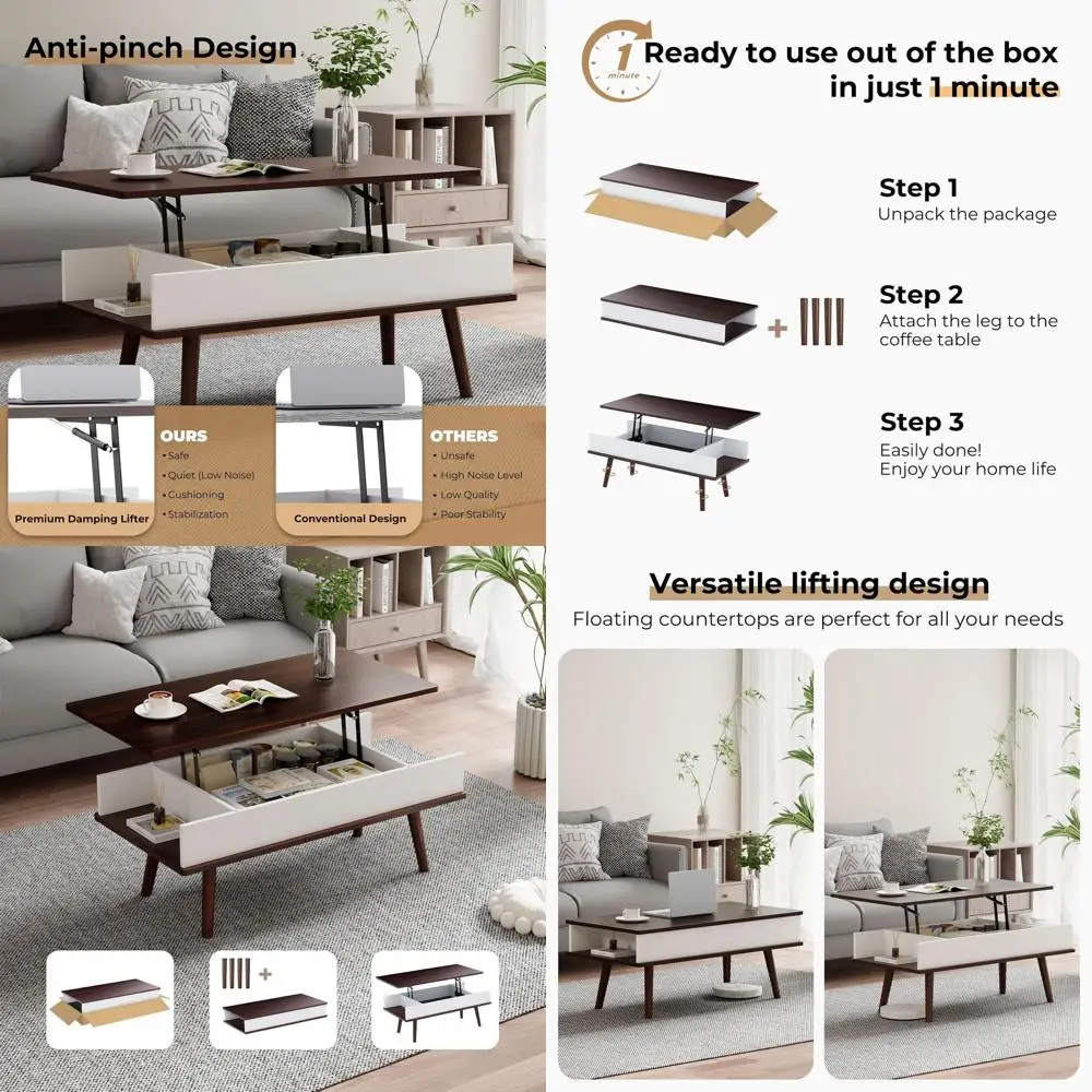 

Quick-Set Coffee Table with Storage, Large Capacity, Open Shelf, Anti-Pinch, Ideal for Living Rooms - Black Walnut