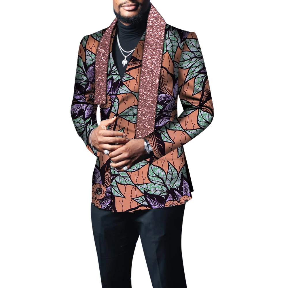 

News African Clothes Men Blazer with Scarf Riche Bazin Jacket Coat Outerwear Full Sleeve African Clothing WYN1382