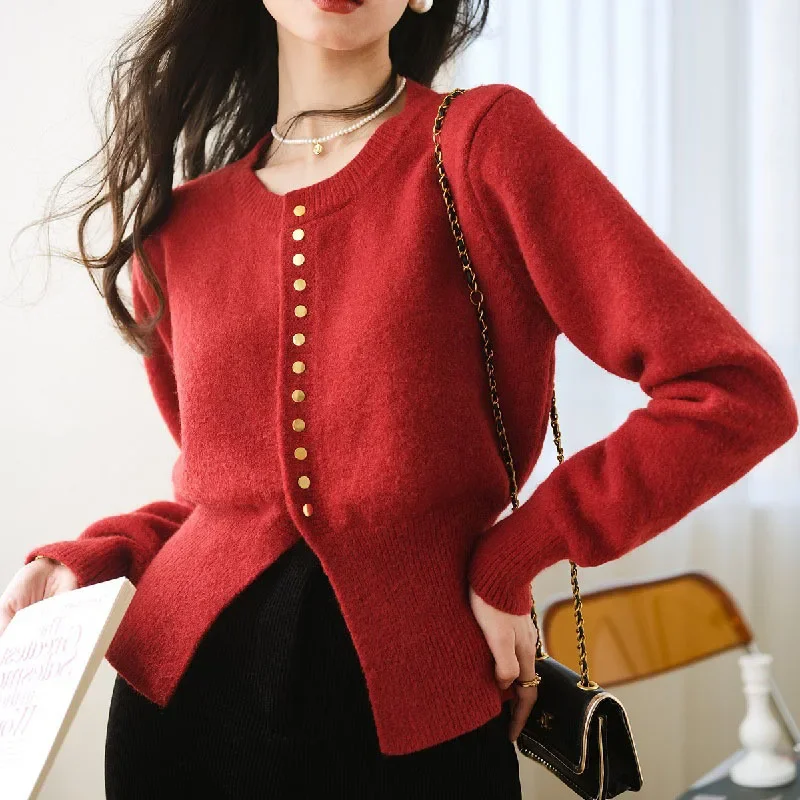 Vintage Knitted Cardigan Women Chic Sweater Korean Buttons Long Sleeve O-neck Designer Women's Clothing Autumn Winter Coat Red