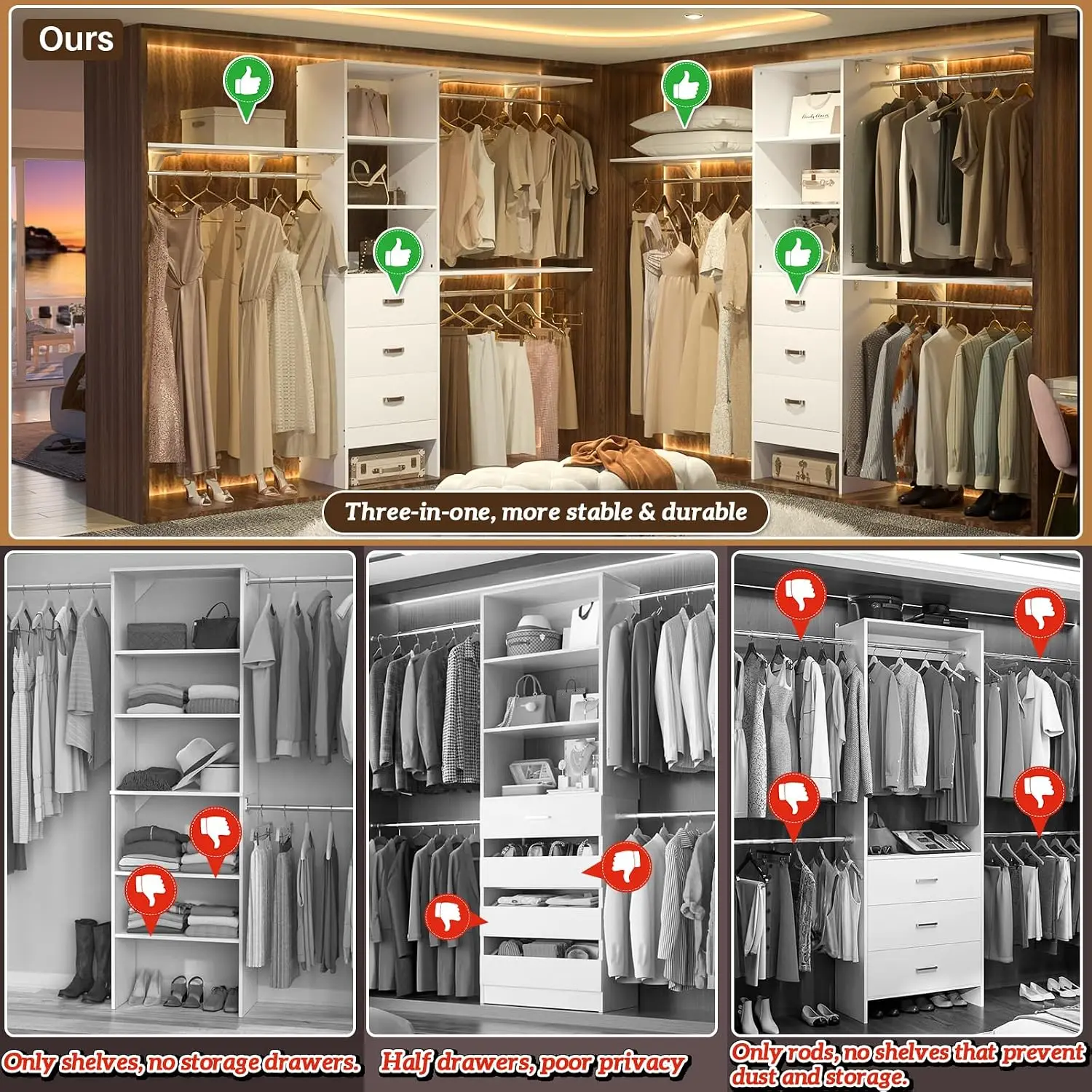 8FT Closet System, 96'' Closet Organizer System with 3 Hanging Rods, Wall Mount Bedroom Wardrobe with 3 Drawers Walk-in