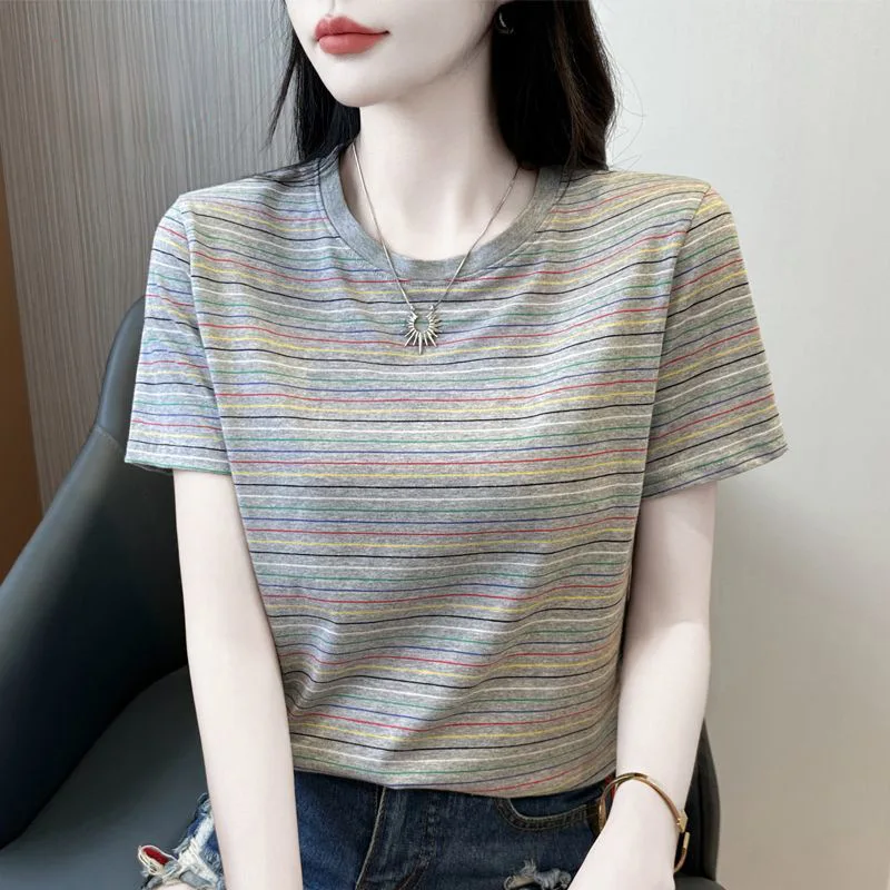 

Women Striped Print Short Sleeve T Shirt Casual Crew Neck Loose Fit Basic Tee Summer Daily Wear
