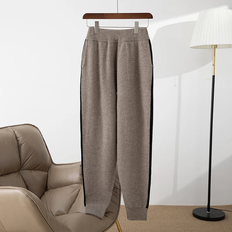 High-quality Women's Pure Wool Pencil Pants Autumn Winter High Waist Pocket Sport Pants 100% Merino Wool Knit Trousers