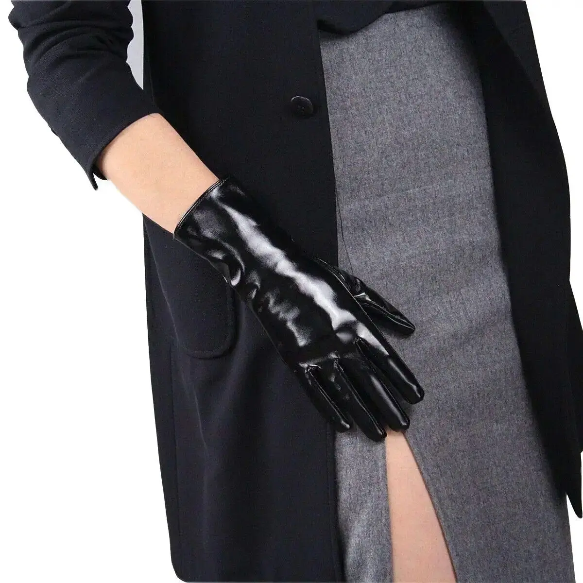 DooWay Lacquer Leather Gloves Short Shiny Faux Leather Black for Women Cosplay Gothic Party Fashion Show Evening Christmas Glove