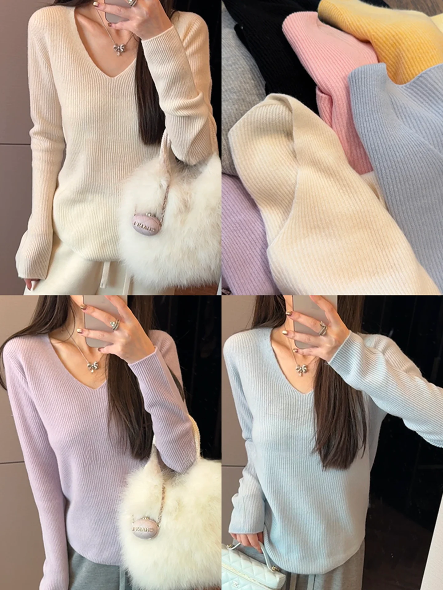 

Mimius Women's Camere Wool Blend Sweater V-Ne round Hem Design Autumn Winter High-End Feeling Faionable Top