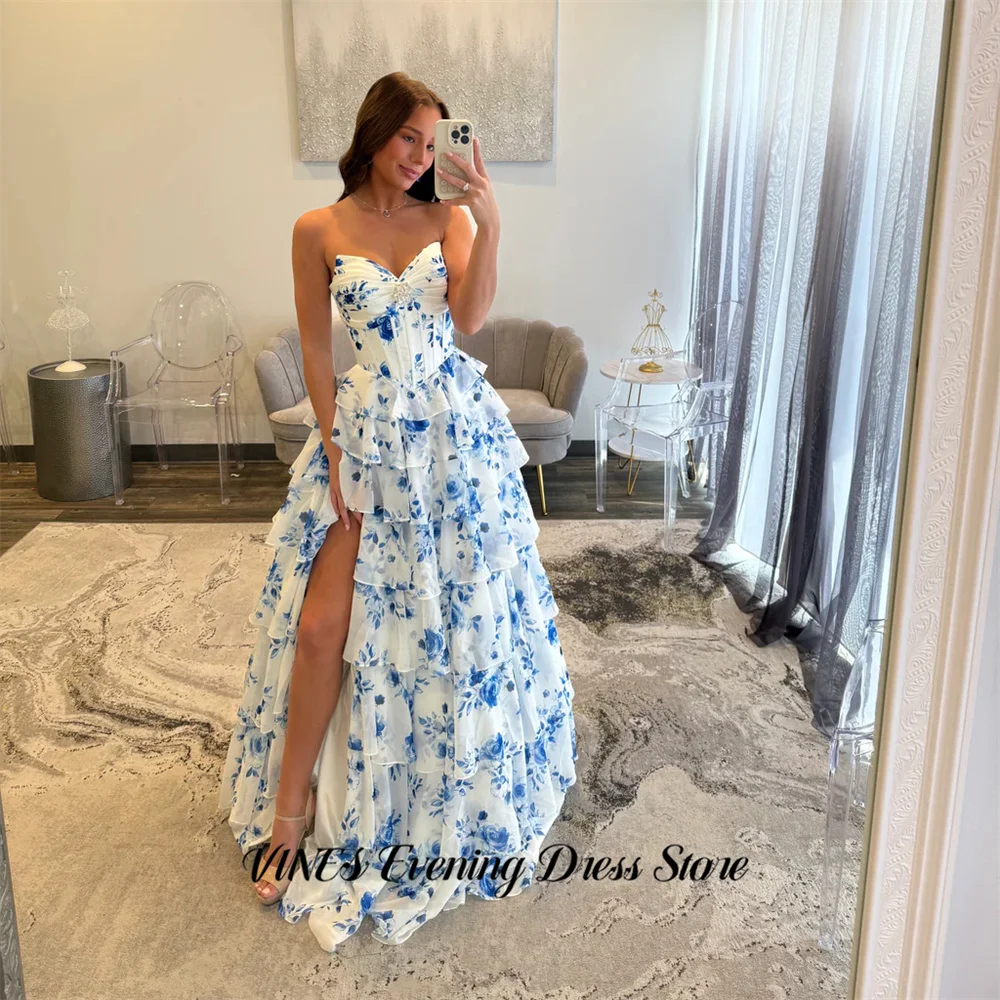 

VINES White Floral Print Prom Dresses Sweetheart Neckline Evening Dresses Tiered Party Dress Robe High Slit De Soirée Customized