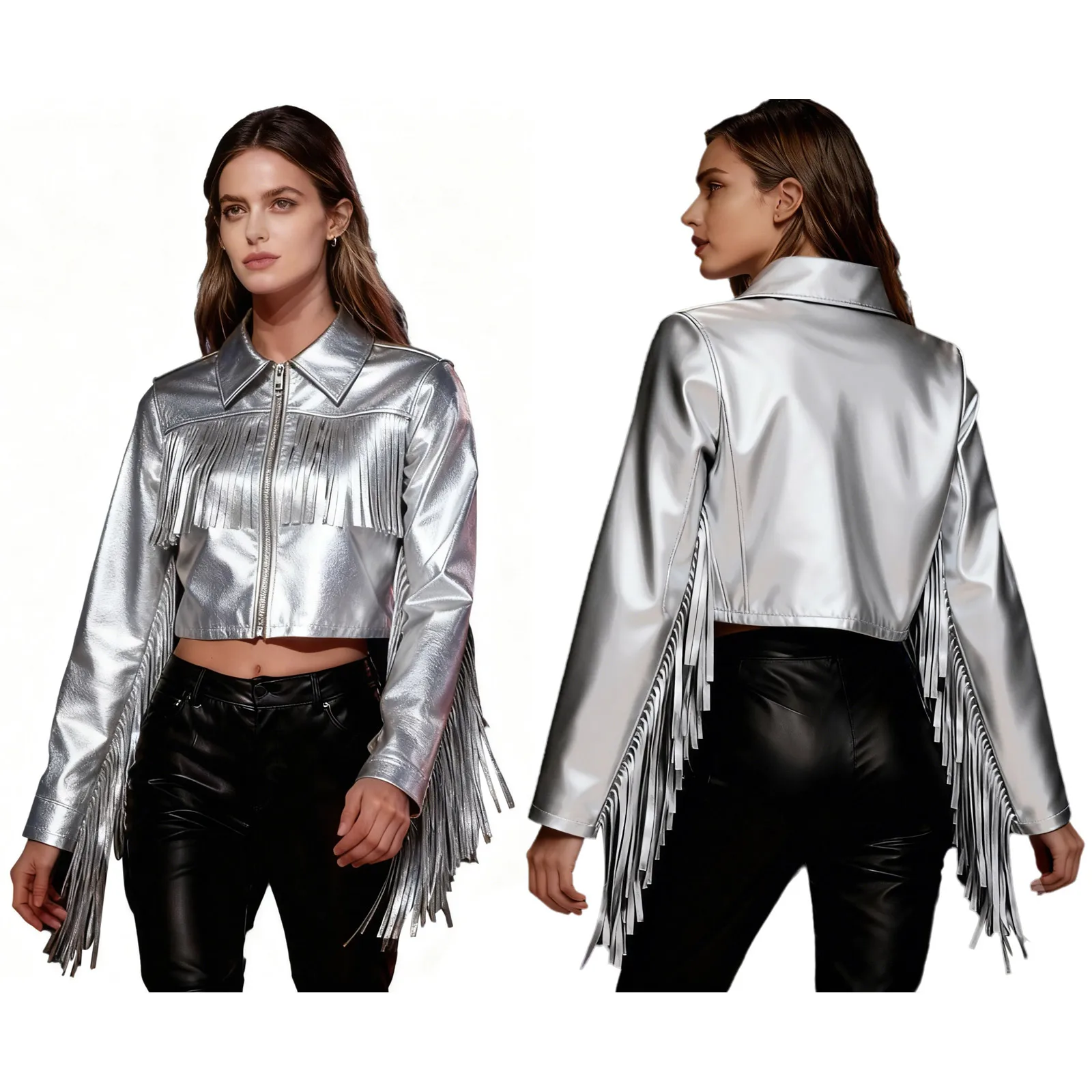 

Женская блестящая металлизированная куртка-жилет с длинными рукавами, молнией и бахромой для повседневной носки, вечеринок и рейвов