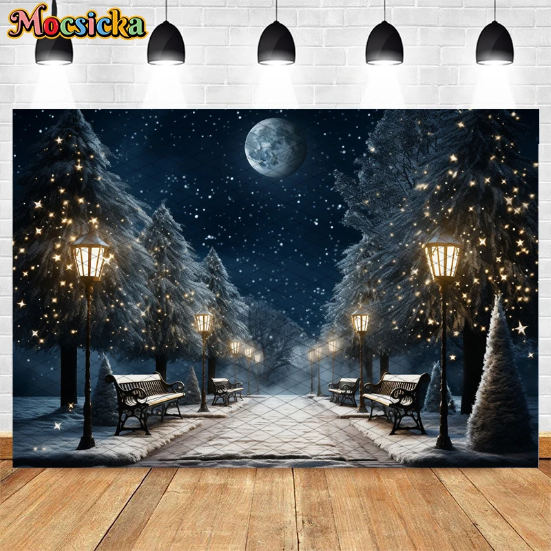 Mocsicka Snowy Forest Xmas Backdrops Kids Adult Photography Backdrops Child Baby Big Moon Christmas Snowflake Trees Background