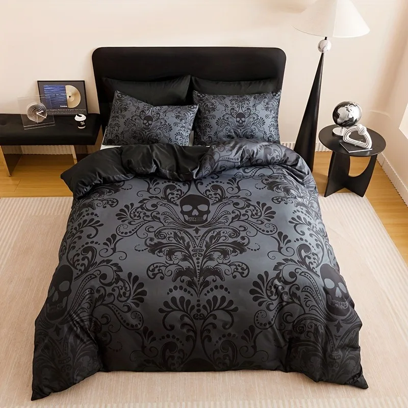 Skull Damask Duvet Cover Set Gothic Black Grey Bedding Set Soft Polyester Bedroom Decor 2/3pcs Single Twin Full King Size