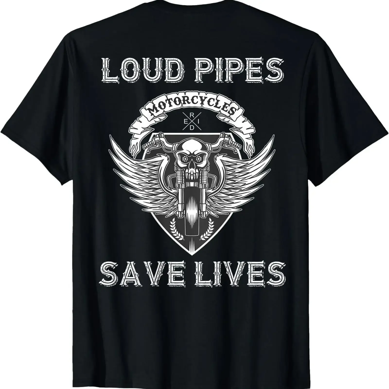 Loud Pipes Save Lives Motorcycle Skull Wings Design Print Back T Shirt  vintage Washed fashion Slightly Stretched graphic