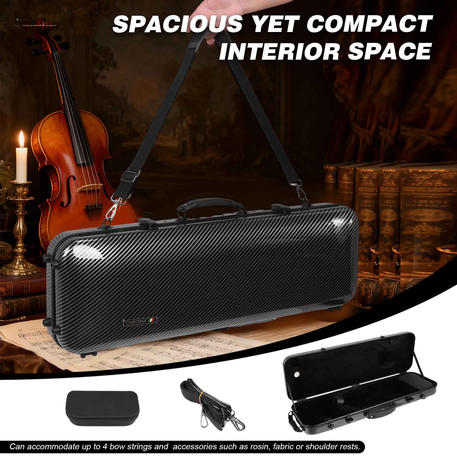 Étui pour violon oblong en composite de carbone avec bretelles, étui pour violon portable, boîte de protection pour violon de forme oblongue pour un usage quotidien
