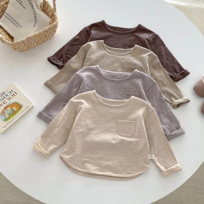 Spring Children's Bamboo Cotton T-shirt 0-5 Years Old Children's Clothing Top Baby Boy's Solid Color Long Sleeved Base Shirt