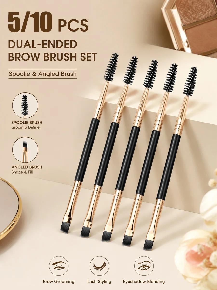 5/10 Stück Doppelendiger Augenbrauenpinsel, Spiralförmiger Winkelbrauenkamm, Wimpern- und Lidschatten-Blender, Tragbares Make-up-Werkzeug