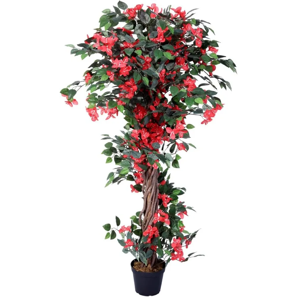 

5 Feet Blooming Artificial Bougainvillea Tree with Flowers&Real Wood Trunks,with Nursery Pots,Feel Real Technology Red and Green