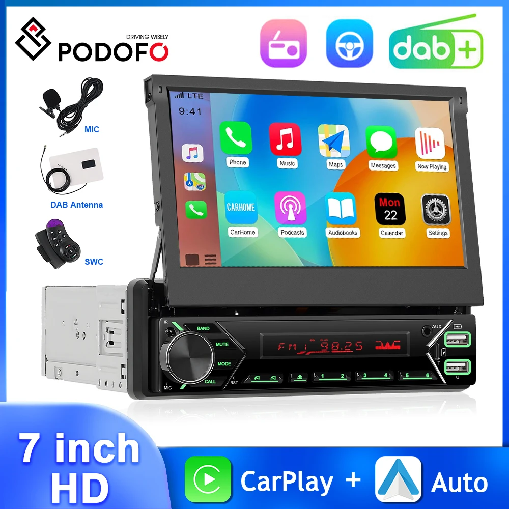 Podofo Automatic/Manual Retractable Screen 1Din 7'' MP5 Player Wireless Carplay Android Auto DAB+ Type-C Bluetooth EQ Car Stereo