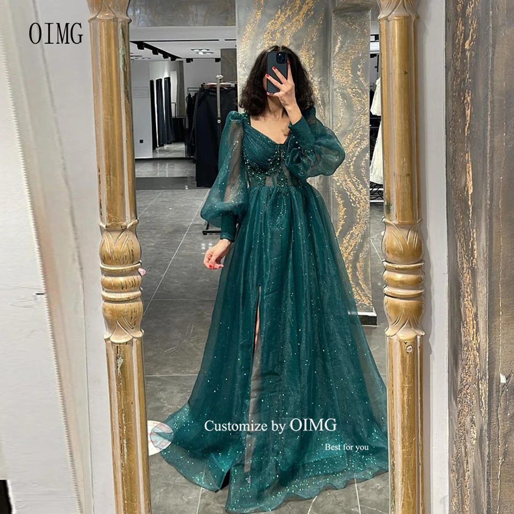 

OIMG Sparkly Dark Green Organza Evening Dresses Puff Long Sleeves V Neck Split Women Shiny Formal Prom Gowns Plus Size 2023